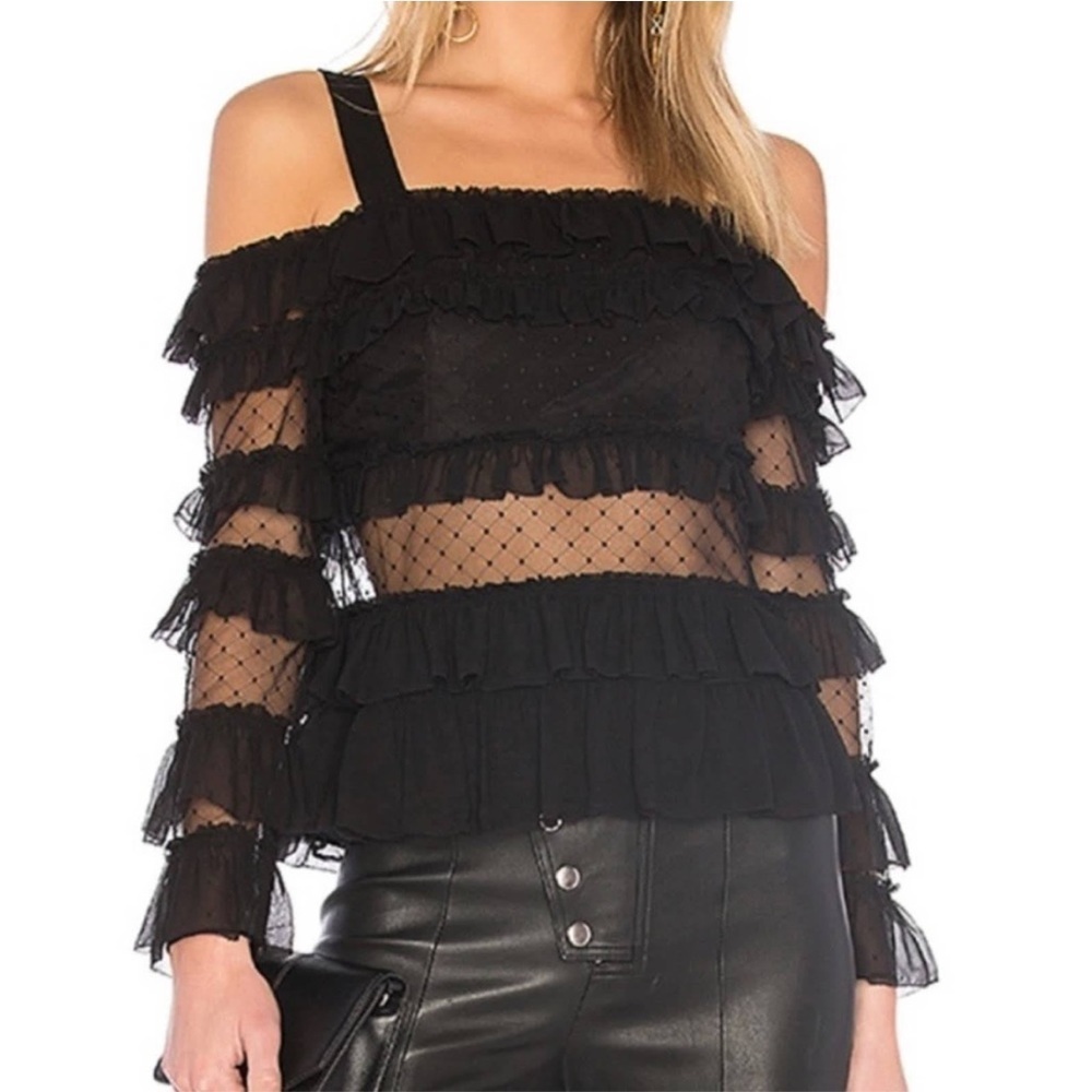 ALEXIS Black Ruffle Mesh Swiss Dot Panel Off the Shoulder Top